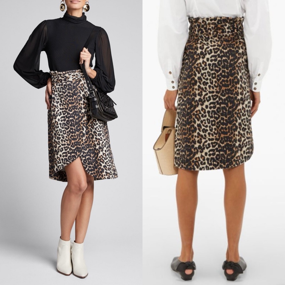 Ganni Leopard Denim Asymmetrical Midi Skirt 32 (US 0) Scandi Chic Street Style